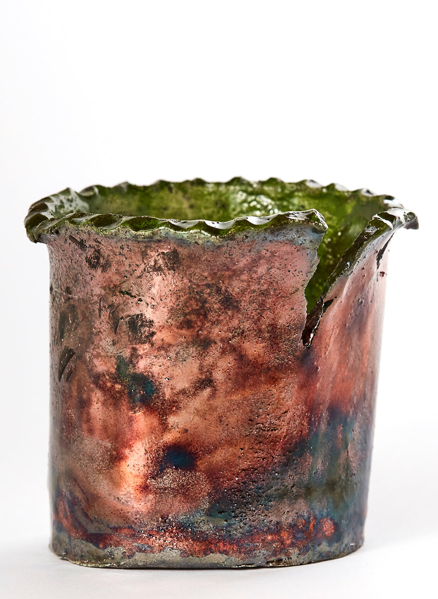 Vaso Natura Rame fatto a mano in ceramica Raku, rame e verde