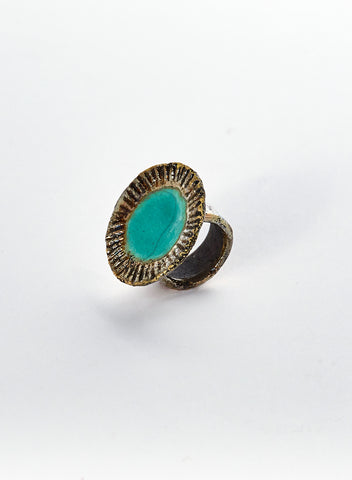 anello fatto a mano in ceramica raku, colore blu tiffany e oro