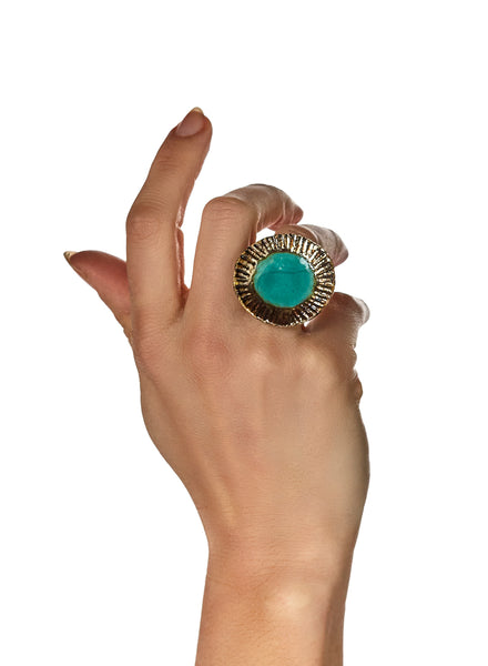 anello fatto a mano in ceramica raku, colore blu tiffany e oro
