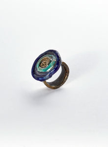 anello fatto a mano in ceramica Raku rotondo, blu, azzurro e oro