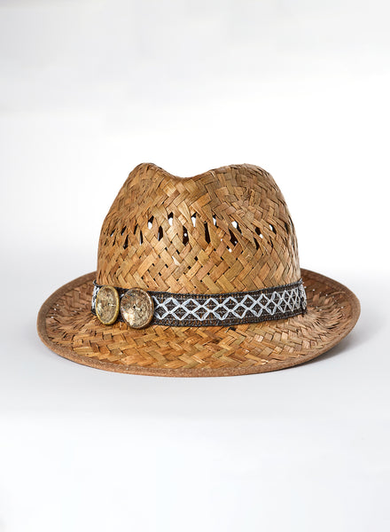 cappello in paglia alpino con fascia e bottoni fatti a mano in ceramica raku