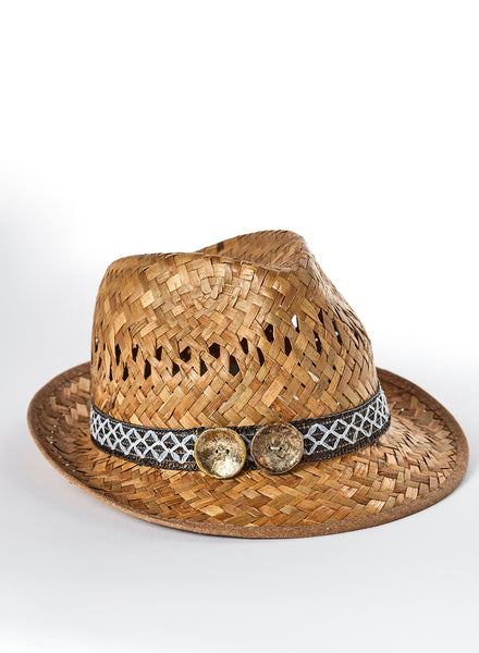 cappello in paglia alpino con fascia e bottoni fatti a mano in ceramica raku