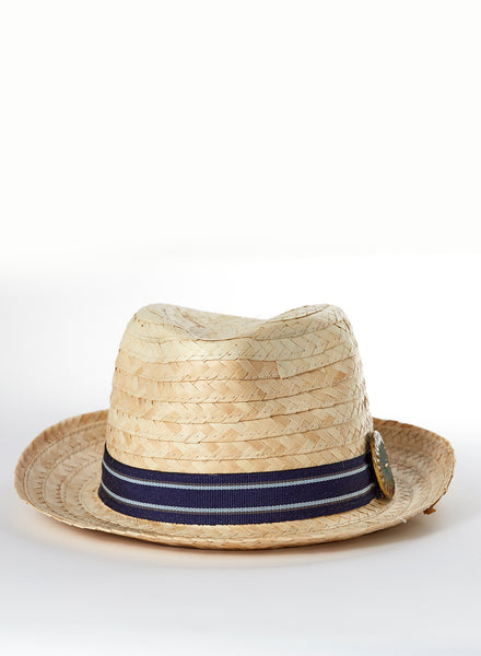 cappello in palma intrecciato con fascia e bottone fatto a mano in cermaica raku.