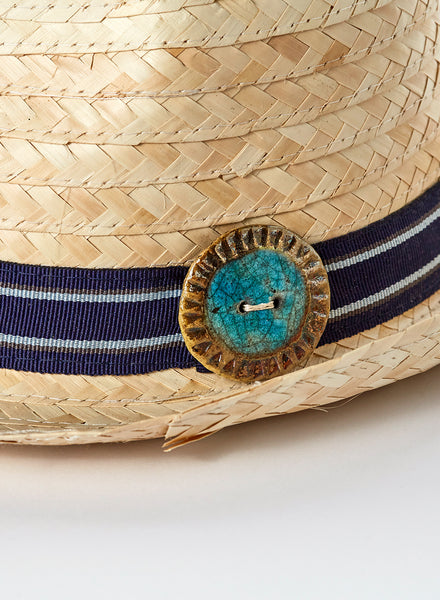 cappello in palma intrecciato con fascia e bottone fatto a mano in cermaica raku.