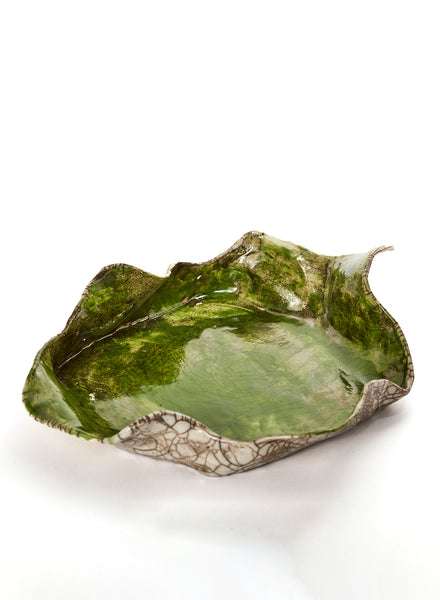 centrotavola fatto a mano in ceramica raku verde e bianco crackle