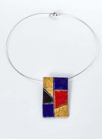 collana fatta a mano in ceramica Raku, Blu, giallo, rosso e nero.