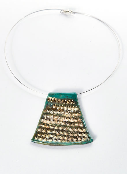 collana fatta a mano in ceramica Raku. Oro e azzurro tiffany