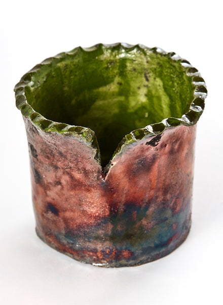 Vaso in ceramica raku verde bosco all'interno e rame all'esterno