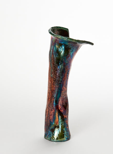 Vaso Portarosa fatto a mano in ceramica Raku lungo e sottile rame
