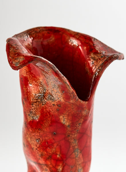 Vaso Portarosa fatto a mano in ceramica Raku lungo e sottile, rosso